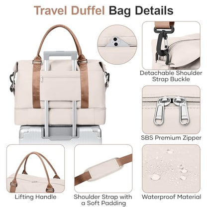 Overnight Weekender Bags for Women,Vacuum Travel Duffel Bag with Air Pump, Personal Item Travel Bag with Shoes Compartment & Compression Pocket,Beige & Brown - color: A-Beige & Brown with Air Pump, size: Large