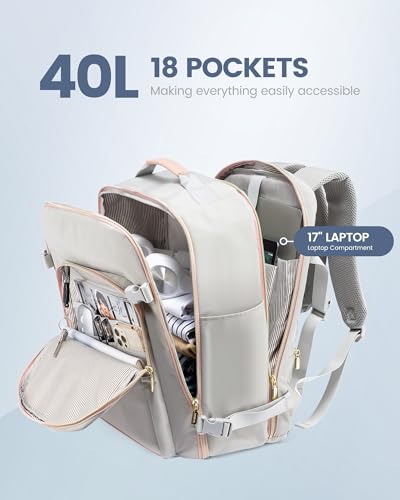 LOVEVOOK 40L Travel Backpack Flight Approved Carry on Backpack,3 Packing Cubes,Waterproof Personal Item Travel Bag,TSA Carry on Luggage Suitcase Travel Essentials,Gifts for Women & Men,fits 17" Laptop - color: A-light Gray-pink, size: Large-40L-4Pcs