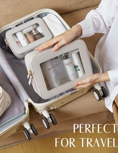Popvibe Clear Makeup Bag Travel Cosmetic Case Transparent Toiletry Bag with Zipper, Portable Make Up Organizer Traveling Compact Car Bag for Essentials - color: Beige Grey, style: Dual Elegance