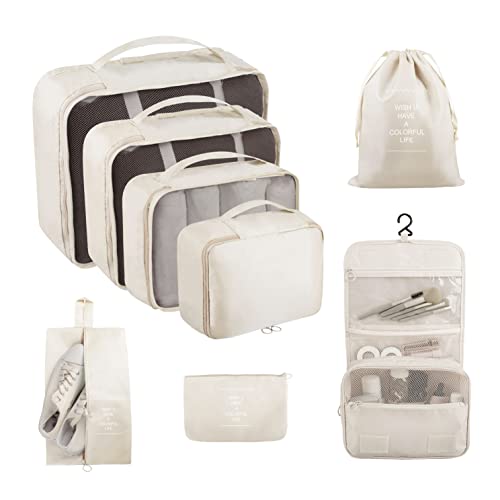 Packing Cubes, 8 Pcs Travel Packing Organizers for Suitcases, Large Capacity Travel Luggage Organizers Set includes 8 Storage Bags (Beige) - color: Beige