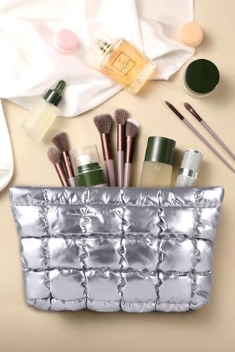 Puffy Quilted Makeup Bag, Cosmetic Bag, Travel Toiletry Organizer Pouch, Clutch for Women (Silver) - color: Silver