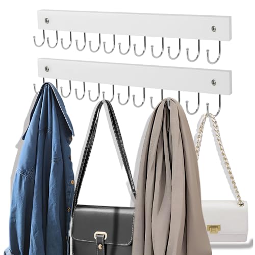 2 Pack Purse Organizer Wall Mount with 24 Rotating 180° Coat Rack, 14.6" Wooden Entryway Purse Holder, Wall Hooks for Hanging Belts, Ties, Keys, Scarf, Bras, Bag, Space Saving Hanger (White) - color: White