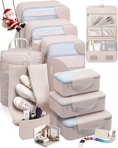 10 Set Packing Cubes for Travel, Gifts for Women Mom,Anti-Tearing Suitcase Organizer for Luggage with Shoe & Hanging Toiletry Bag,OlarHike Vacation Essentials & Accessories for Cruise Ship - color: 01 Cream