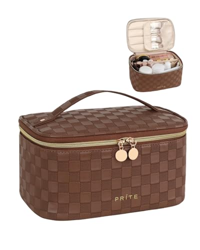 Prite Makeup Bag, Large Capacity Cosmetic Bag for Women and Girls, Waterproof PU Leather Travel Case with Handle, Divider for Skincare and Brushes - Checkered Brown - color: Checkered Brown