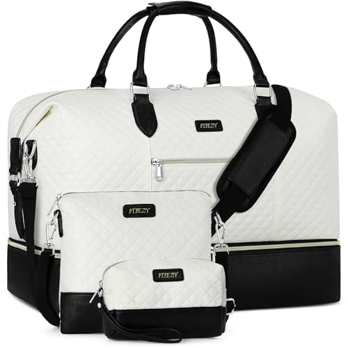ITIEZY Weekender Overnight Bag for Women - Large Travel Duffel Bag with Shoe Compartment, Gym Duffel Bag Hospital Bag Carry On Tote Bags for Airplanes with Crossbody Bag Toiletry Bag 3Pcs Set - color: 6-Off White