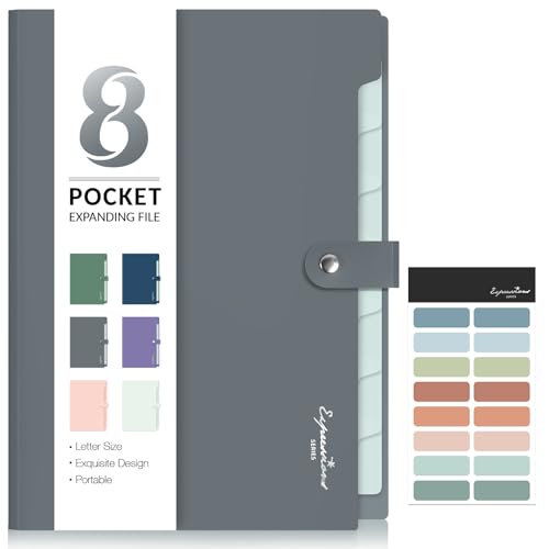 Sooez Elegant Accordion File Organizer with Labels, 8 Pocket Expanding File Folder, Portable Folders for Documents, Cute Paper Organizer for School Office Supplies, Letter Size, Grey - color: Grey