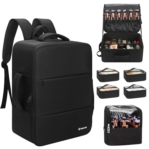 Relavel Makeup Backpack with Makeup Brush Case, Extra Large Travel Train Case Professional Artist Kit Set Bag with 4 Clear Bags, Brush Storage Organizer Box for Cosmetic Hair Tools, Black - color: Black with brush case