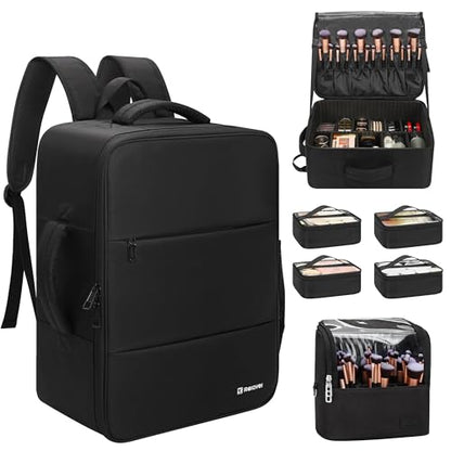 Relavel Makeup Backpack with Makeup Brush Case, Extra Large Travel Train Case Professional Artist Kit Set Bag with 4 Clear Bags, Brush Storage Organizer Box for Cosmetic Hair Tools, Black - color: Black with brush case