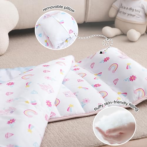 PHF Soft Toddler Nap Mat with Removable Pillow, Rollup Design Kids Sleeping Mat, Slumber Bags for Girls, 50"x20" Toddler Sleeping Bag for Daycare Preschool Travel Camping, Castle - color: Castle