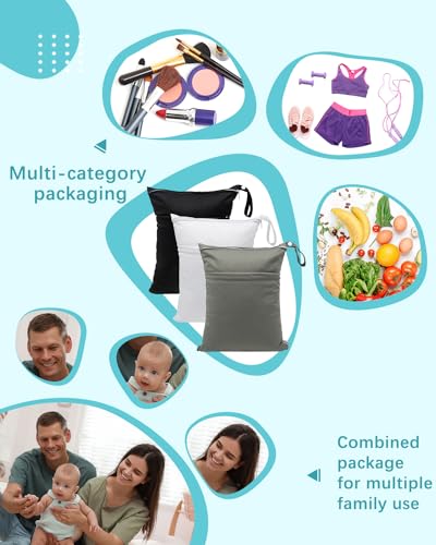 babygoal Wet Dry Bags 3 Pack, Waterproof Reusable Travel Bags for Swimsuits, Baby Cloth Diapers, Beach, Pool, Gym Bag & Wet Clothes with 2 Pockets L-BWG - color: 01 Black&Grey&White