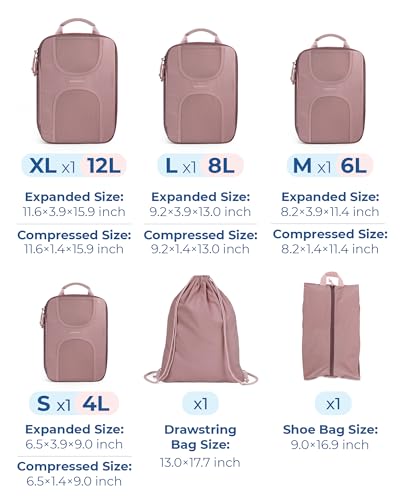 BAGSMART Compression Packing Cubes, 6 Set Packing Cubes for Suitcases, Lightweight Suitcases Organizers Bag Set & Compression Travel Cubes, Travel Essentials Packing Organizers - color: 01-Dusty Pink