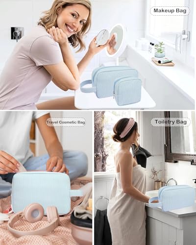 2Pcs Mini Makeup Bag, Small Makeup Pouches for Purse Cute Cosmetics Bag Pouch with Slip-in Pockets Small Travel Toiletry Bag Zipper Makeup Aesthetic Accessories Storage Bag - color: 0-Blue Set