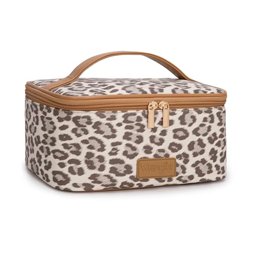 Montana West X Wrangler Travel Makeup Bag 2pcs Set Large Cosmetic Bag with Makeup Brush Holder Portable Make Up Organizer Cute Toiletry Bag with Divider and Handle for Women Leopard - color: Leopard-Khaki