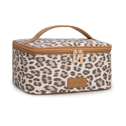 Montana West X Wrangler Travel Makeup Bag 2pcs Set Large Cosmetic Bag with Makeup Brush Holder Portable Make Up Organizer Cute Toiletry Bag with Divider and Handle for Women Leopard - color: Leopard-Khaki