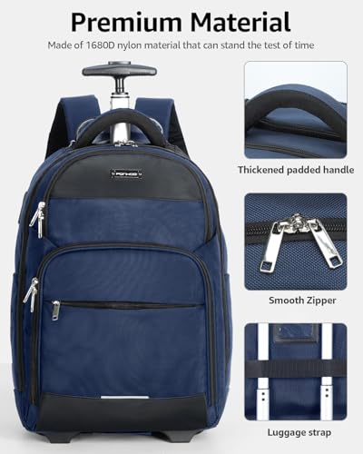 Ponhog Rolling Backpack, 30L Travel Laptop Backpack with Wheels, 15.6 Inch Personal Item Roller Luggage with USB Charging Port Flight Approved for Men Women Adults, Blue - color: Blue