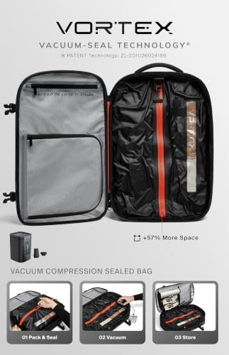 Black Voyage Vortex Vacuum Seal Travel Backpack 60L Expandable Air Compression System Water Resistant TSA Lock Carry-On Suitcase Luggage Black Zephyr Essential Series - Vacuum Pump Included
