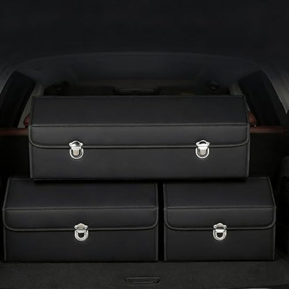 Leather Storage Box Car Trunk Organizer for Trunk SUV Sedan, Leather Foldable Storage Box with Lid (Black 29.5" L*12.2" W*11.8" H) - size: Black 29.5"L*12.2"W*11.8" H