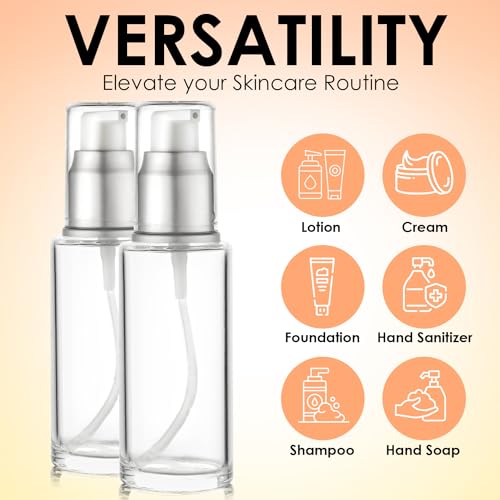 VitalUp 1.7 Oz 50ml Refillable Luxury Clear Glass Lotion Travel Pump Bottle with Silver Cap for Cosmetics, Lotion, Body Cream, Sanitizers, Cream, Foundation (Pack of 2) - size: 50 ml (2 Pack)
