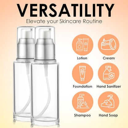 VitalUp 1.7 Oz 50ml Refillable Luxury Clear Glass Lotion Travel Pump Bottle with Silver Cap for Cosmetics, Lotion, Body Cream, Sanitizers, Cream, Foundation (Pack of 2) - size: 50 ml (2 Pack)