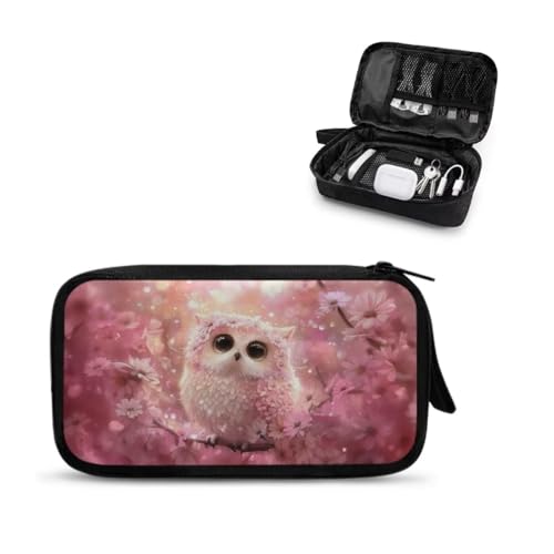 Owl Print Travel Cable Organizer Bag, Cherry Blossom Print Organizer Travel for Women Men, Large Capacity Electronic Organizer Cable Bag, All-in-One Storage for Electronic Items, USB, SD - color: Pink-Owl Cherry Blossom