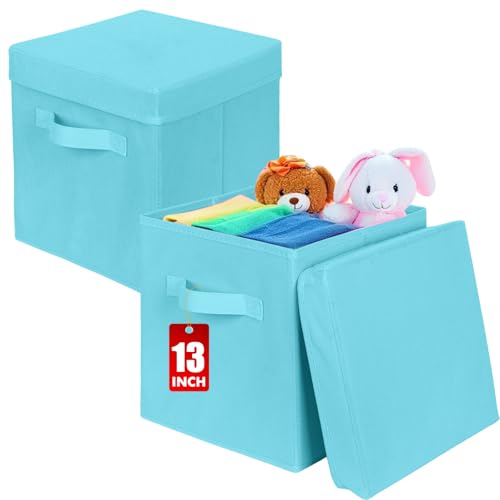 ShellKingdom Storage Bins, Foldable Fabric Storage Cubes with Lid, Clothes Storage Organizer Drawer For Closet Toys Storage, 13 X 13 X 13 INCH, 2 Pack (Light Blue) - color: Light Blue, size: 13 inch (2 Pack)