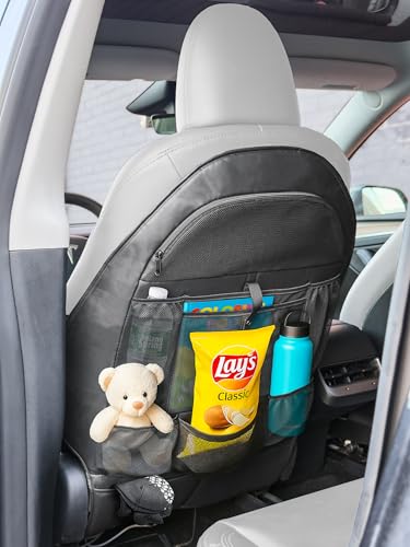 Back Seat organizer for Tesla Model 3 / Model Y (Premium Vegan Leather) Custom fit Car Seat Back Protector with Storage Pockets (Black) - size: 1 Pack