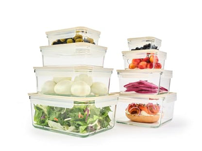 Glasslock Sens 16Pcs Glass Food Storage Set – Airtight & Leakproof, 8 Different Sizes, Anti Slip Lid, Microwave & Oven Safe, Perfect for Meal prep, Lunch Box, Nestable & Stackable, Pantry Storage