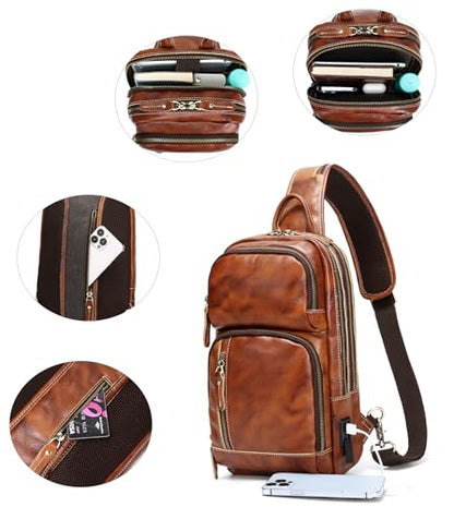 LANNSYNE Full Grain Leather Sling Bag For Men Crossbody Chest Daypack fits 10.5" iPad - color: Orange for 10.5" Ipad