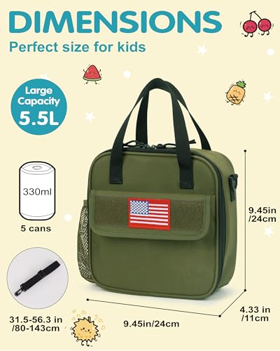 Tactical-style Lunch Bag 5L Kids Lunch Bag with Adjustable Shoulder Strap Easy to Clean Leakproof Wipeable liner Toddler Lunch Box Bag for Boys Girls School and Daycare - color: Green
