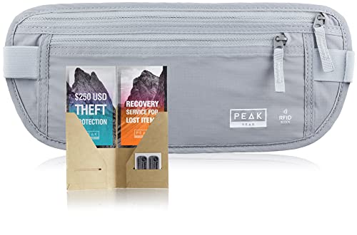 Peak Gear Travel Money Belt. Premium Quality Travel Wallet with RFID Blocking Fabric to Protect Credit Cards, Passports and Documents. Exclusive Theft Protection and 2 Recovery Tags | Gray - color: Gray