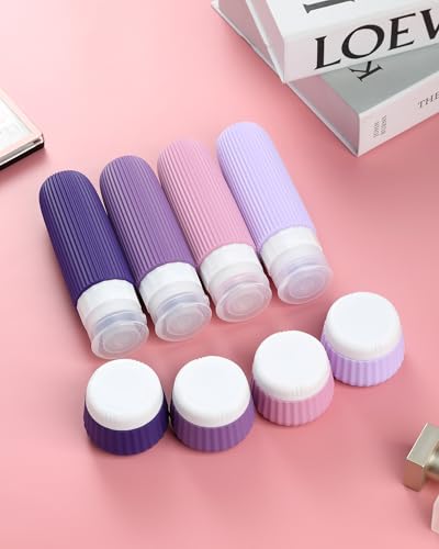 Mrsdry Travel Bottles for Toiletries - 8 Pack, TSA Approved 3oz Travel Containers, Leak Proof Silicone Squeezable Cream Jars with Clear Bag - color: Violet, size: Bottle 3oz Jars 1oz