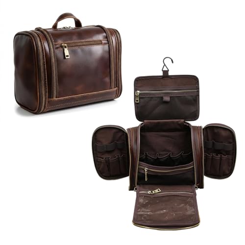 Toiletry Bag for Men Women, Travel Hanging Dopp Kit Organizer, Full Grain Leather Large Shaving Cosmetic Essentials, Gifts for Husband/Dad/Business Traveler, Fits Most Standard Bathroom Toiletries - color: DarkBrown