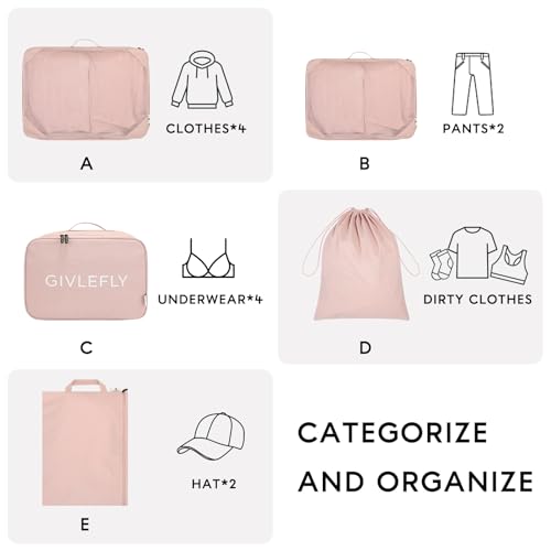 GIVLEFLY Compression Packing Cubes for Travel, 6-Piece Lightweight Luggage Organizer Bags, Space Saving Suitcase Packing Set for Women - color: Pink