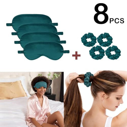 Satin Eye Mask 8Pcs Silk Sleep Masks Silky Blindfold Eyeshade Blackout Eyes Cover Scrunchies Hair Ties Travel Wedding Gifts - color: Peacock Blue