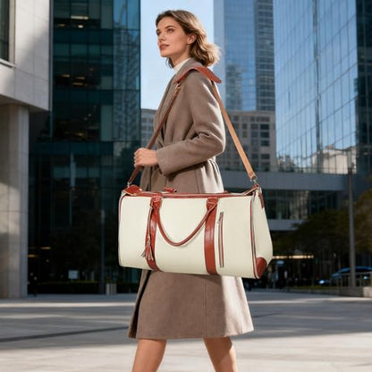 Geestock Garment Duffle Bags for Travel, Convertible Carry On Garment Bag with Shoe Pouch & Shoulder Strap, 2 in 1 Foldable PU Leather Suit Travel Bag for Women & Men, Beige - color: Beige & Brown