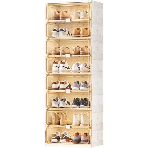 JEKO&JEKO 8 Tiers Foldable Shoe Rack Organizer Cabinet for Closet Entryway, Large Collapsible Shoe Storage Box with Magnetic Doors (White) - color: Single-row, size: 8 Tiers (Standard Tiers Only)