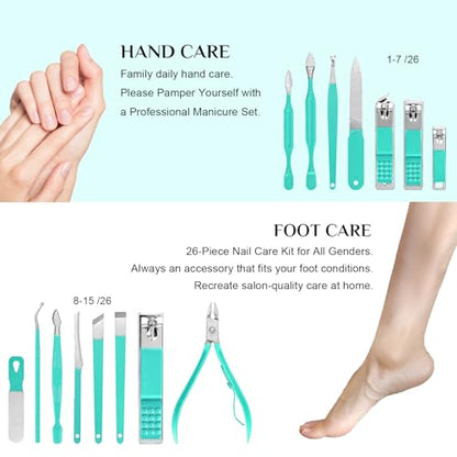 Nail Clippers Set, 26 Piece Manicure Set & Pedicure Kit, Stainless Steel Fingernail & Toenail Clipper Cutters, Professional Nail Care Tools with Luxurious Travel Case for Men and Women, Turquoise - color: Turquoise