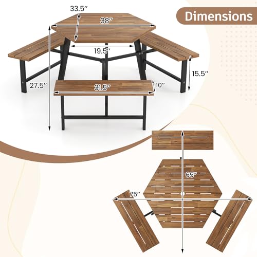 Tangkula 6 Person Acacia Wood Picnic Table, Outdoor Hexagonal Table and Bench Set with 3 Built-in Benches, Umbrella Hole & Metal Frame for Patio Backyard Garden Poolside