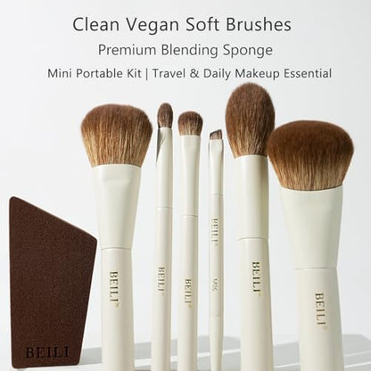 BEILI Mini 6Pcs Makeup Brush Set – Elegant Off White, Professional Travel Brushes for Foundation, Contour, Highlighter & Blending, with Sponge and Gift Box - color: Off White