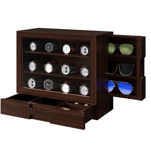 AUTOARK Wooden Watch Sunglass Display Case,12 Watch Box with Jewelry Drawer,Watch Eyeglass Holder with Window,Vertical Storage,Gift Idea,Walnut,AW-185 - color: Walnut