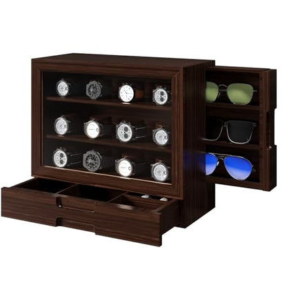 AUTOARK Wooden Watch Sunglass Display Case,12 Watch Box with Jewelry Drawer,Watch Eyeglass Holder with Window,Vertical Storage,Gift Idea,Walnut,AW-185 - color: Walnut