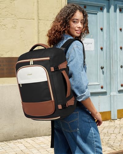 LOVEVOOK 50L Travel Backpack for Women, TSA Approved Carry On Backpack with 3 Packing Cubes, Personal Item Bag Fits 17" Laptop, Water-resistant Carry On Bag for Airplanes - color: Black & Brown, size: 50L-4PCS