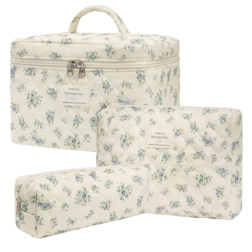 honitty Makeup Bag,Quilted Cosmetic Bags,Large Floral Make Up Organize bag,Makeup Bag Set for Women,Flower Travel Toiletry Bag - color: Blue flower