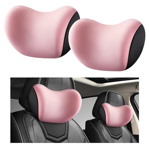 2 PCS Car Headrest & Lumbar Support Cushion, Ergonomic Memory Foam Car Neck Back Support w/Removable Cover, Universal Breathable Lumbar Cushion Headrest Pillow with Adjusatble Strap (Pink) - color: Pink, size: 2 PCS