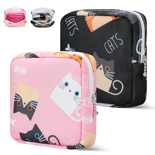 Likesing Period Bag Pouch, Canvas Sanitary Napkin Storage Bag for Girls Womens, Portable Sanitary Napkin Period Pad Pouch for Purse, Small Make Up Bags(Cat, Pink) - color: Cat