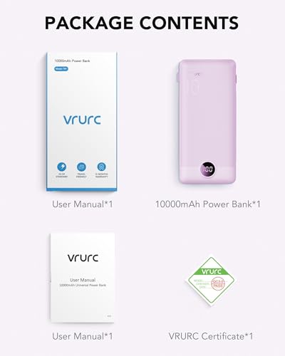 VRURC Portable Charger Built-in Cables and AC Wall Plug,USB C Power Bank 10000mAh, Travel Essentials Phone Charger Compact Lightweight External Battery Pack for Smart Phones, Tablets etc (Purple) - color: Purple
