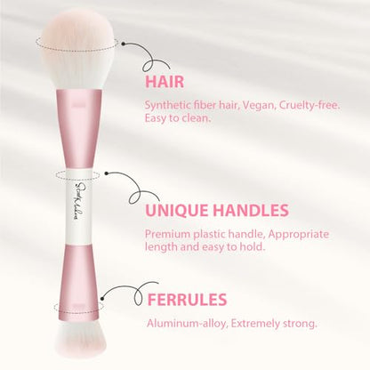 START MAKERS Makeup Brushes 5Pcs Dual Ended Pink Makeup Brush Set for Foundation Blush Bronzer Concealer Contour Powder Highlight Eyebrow Eyeshadow Blending, Travel Makeup Brushes with Bag