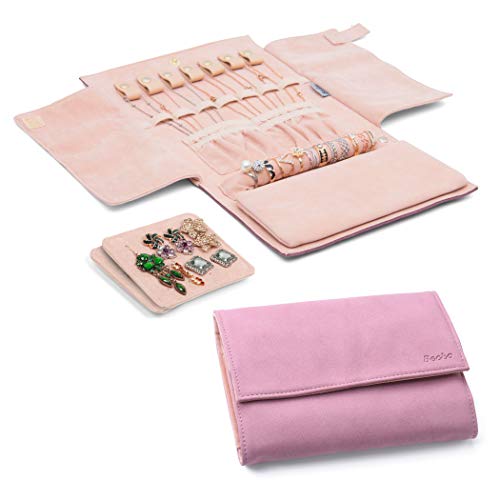 Becko US Jewelry Organizer Roll Travel Jewel Bag case for Multiple Necklaces, Rings, Bracelets, Supple Leather & Suede, Large Capacity Without Crease, Lightweight, Portable & Practical (Pink) - color: Pink