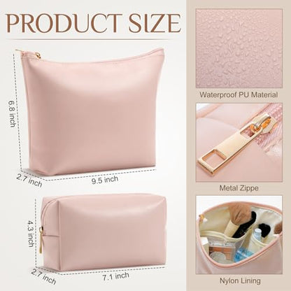 Kigeli 2 Pcs PU Leather Makeup Bag Set for Women Waterproof Aesthetic Cosmetic Bag Large & Small Travel Toiletry Organizer Pouch Skincare Organizer Bridesmaid Mother's Day Birthday Gift(Pink) - color: Pink