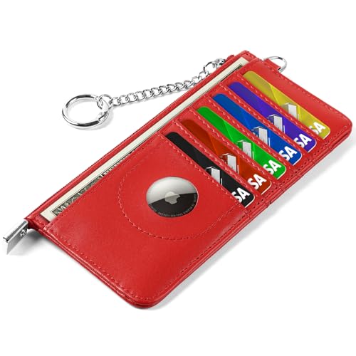 RFID Blocking Slim Credit Card Holder Wallet with Zipper Money Pocket & Keychain, Slim Airtag Wallet for Men Women - color: Cowhide Red